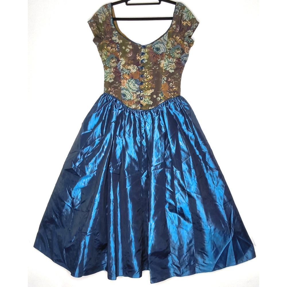 Laura Ashley Dress Women Size 6‎ Blue Floral Tapestry Taffeta Vintage British